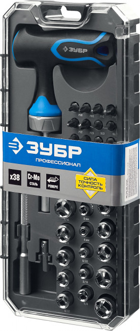 Набор ЗУБР "ПРОФЕССИОНАЛ": Отвертка реверсив с Т-образной рукоят, насадки, CrMo, рукоят с отсеком для хранения бит, 38 предмет,  ( 25351-H38 )