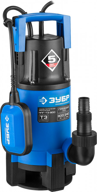Насос Т3 погружной, ЗУБР Профессионал НПГ-Т3-900, дренаж. для грязной воды (d частиц до 35мм), 900Вт,пропуск способн 240л/мин,напор 8.5м, провод 10м,  ( НПГ-Т3-900 )