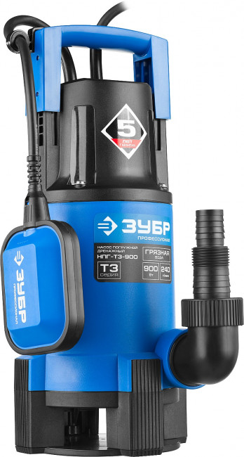 Насос Т3 погружной, ЗУБР Профессионал НПГ-Т3-900, дренаж. для грязной воды (d частиц до 35мм), 900Вт,пропуск способн 240л/мин,напор 8.5м, провод 10м,  ( НПГ-Т3-900 )
