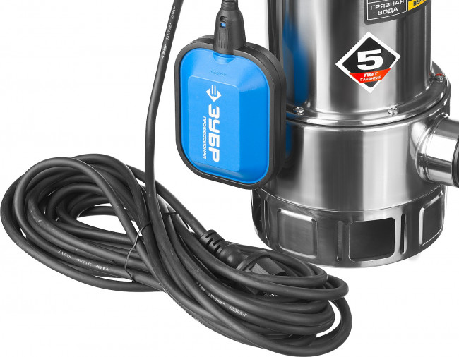 Насос Т3 погружной, ЗУБР Профессионал НПГ-Т3-750-С, дренажный для грязной воды (d частиц до 35мм), 750Вт, 220л/мин, напор 8м, нерж сталь, провод 10м,  ( НПГ-Т3-750-С )