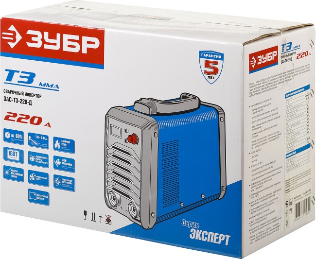 Инвертор свароч, ЗУБР Профессионал ЗАС-Т3-220-Д,220А,MMA,IGBT,Форсаж дуги,Горяч. старт,Антиприлип. эл-да,ПВ-60%,220В (мин 160В),дисплей,  ( ЗАС-Т3-220-Д ) Инвертор свароч, ЗУБР Профессионал ЗАС-Т3-220-Д,220А,MMA,IGBT,Форсаж дуги,Горяч. старт,Антиприлип. эл-да,ПВ-60%,220В (мин 160В),дисплей,  ( ЗАС-Т3-220-Д )