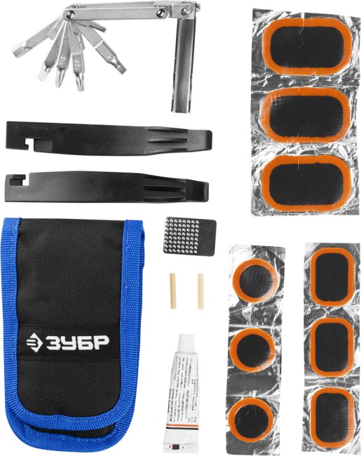 Набор ЗУБР "ЭКСПЕРТ для обслуживания велосипеда: складной мультитул 11-в-1,комплект для ремонта шин,16-в-1,в чехле ,  ( 27428-H16 )