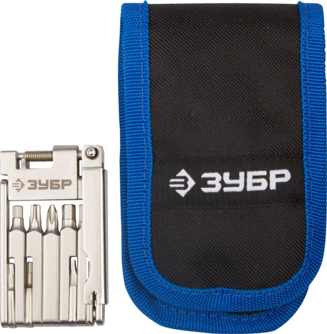 Набор ЗУБР "ЭКСПЕРТ для обслуживания велосипеда: складной мультитул 11-в-1,комплект для ремонта шин,16-в-1,в чехле ,  ( 27428-H16 )