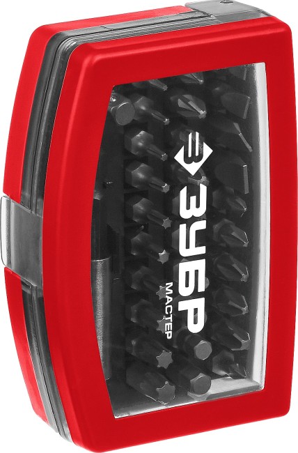 Набор ЗУБР: Биты "МХ-32" , CR-V, в компактном боксе с эластичными противоударными, противоскользящими вставками, магнитный адаптер с фиксатором, 26393