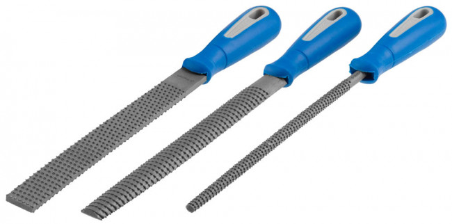 Набор ЗУБР: Рашпили "ПРОФЕССИОНАЛ" с двухкомпонентной ручкой, плоский, полукруглый, круглый, № 2, 200мм,  ( 16657-H3 )