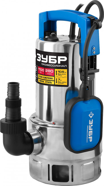 Насос Т3 погружной, ЗУБР Профессионал НПГ-Т3-1100-С, дренажн для грязн воды (d частиц до 35мм), 1100Вт, 280л/мин, напор 10.5м,нерж сталь, провод 10м,  ( НПГ-Т3-1100-С )