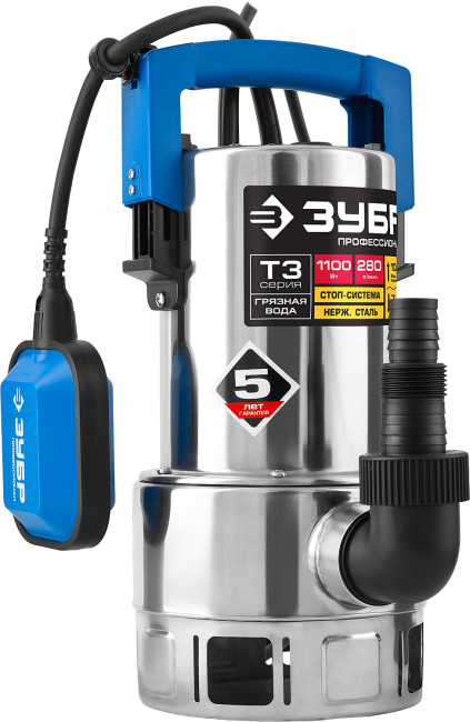 Насос Т3 погружной, ЗУБР Профессионал НПГ-Т3-1100-С, дренажн для грязн воды (d частиц до 35мм), 1100Вт, 280л/мин, напор 10.5м,нерж сталь, провод 10м,  ( НПГ-Т3-1100-С )