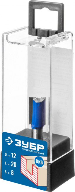 Фреза пазовая прямая с нижними подрезателями, D= 12мм, рабочая длина-20мм, хв.-8 мм, ЗУБР Профессионал, ( 28755-12-19 )