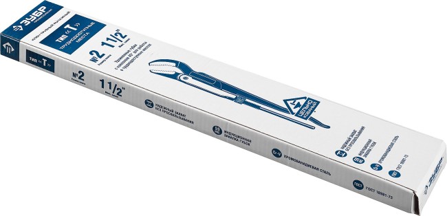 Ключ трубный рычажный ЗУБР "ПРОФЕССИОНАЛ", изогнутые губки, цельнокованый, Сr-V, № 2, 1,5",  ( 27337-2_z01 )