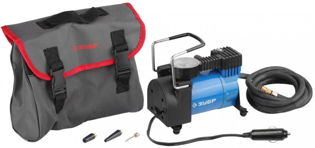 Компрессор ЗУБР "ЭКСПЕРТ" автомобильный давление 10 атм, длина провода 3 м, длина шланга 2 м, 3 насадки,  ( 61127 )