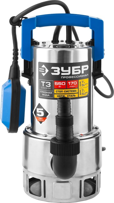 Насос Т3 погружной, ЗУБР Профессионал НПГ-Т3-550-С, дренажный для грязной воды (d частиц до 35мм), 550Вт, 170л/мин, напор 7м, нерж сталь, провод 10м,  ( НПГ-Т3-550-С )