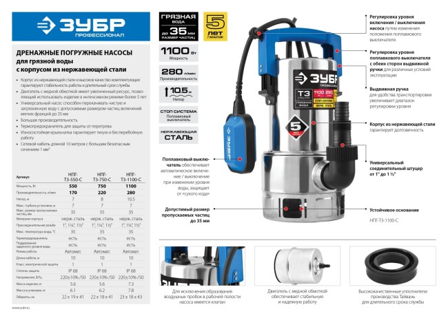 Насос Т3 погружной, ЗУБР Профессионал НПГ-Т3-550-С, дренажный для грязной воды (d частиц до 35мм), 550Вт, 170л/мин, напор 7м, нерж сталь, провод 10м,  ( НПГ-Т3-550-С )