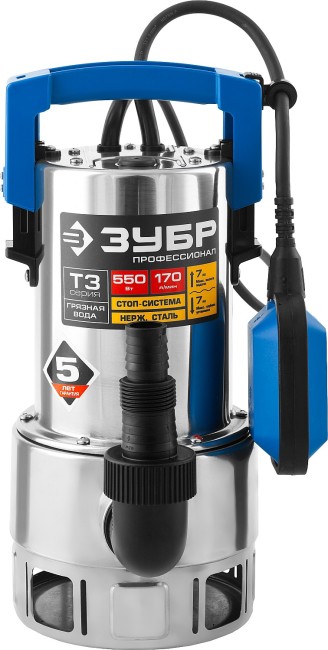 Насос Т3 погружной, ЗУБР Профессионал НПГ-Т3-550-С, дренажный для грязной воды (d частиц до 35мм), 550Вт, 170л/мин, напор 7м, нерж сталь, провод 10м,  ( НПГ-Т3-550-С )