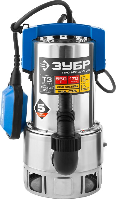 Насос Т3 погружной, ЗУБР Профессионал НПГ-Т3-550-С, дренажный для грязной воды (d частиц до 35мм), 550Вт, 170л/мин, напор 7м, нерж сталь, провод 10м,  ( НПГ-Т3-550-С )
