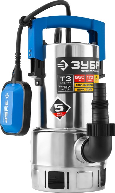 Насос Т3 погружной, ЗУБР Профессионал НПГ-Т3-550-С, дренажный для грязной воды (d частиц до 35мм), 550Вт, 170л/мин, напор 7м, нерж сталь, провод 10м,  ( НПГ-Т3-550-С )