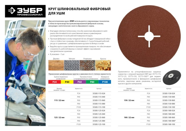 Круг шлифовальный ЗУБР "ПРОФИ" фибровый, для УШМ, P24, 180х22мм, 5 листов ,  ( 35585-180-024 )