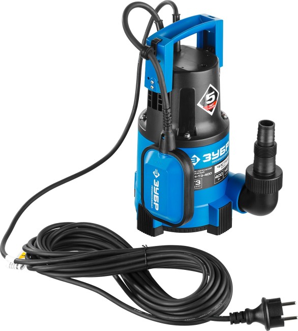 Насос Т3 погружной, ЗУБР Профессионал НПЧ-Т3-400, дренажный для чистой воды (d частиц до 5мм), 400Вт, пропуск. способ. 140л/мин, напор 8м,провод 10м,  ( НПЧ-Т3-400 )