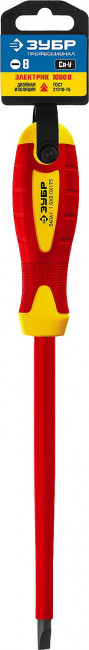 Отвертка диэлектрическая до 1000В, ЗУБР "ПРОФЕССИОНАЛ" "ПРОФИ ЭЛЕКТРИК" 25261-8.0-175, Cr-V, трехкомпонент рукоятка, SL 8 x 175 мм ( 25261-8.0-175_z01 )