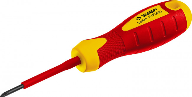 Отвертка диэлектрическая до 1000В, ЗУБР "ПРОФЕССИОНАЛ" "ПРОФИ ЭЛЕКТРИК" 25262-0-060, Cr-V, трехкомпонент рукоятка, PH 0 x 60 мм ( 25262-0-060_z01 )