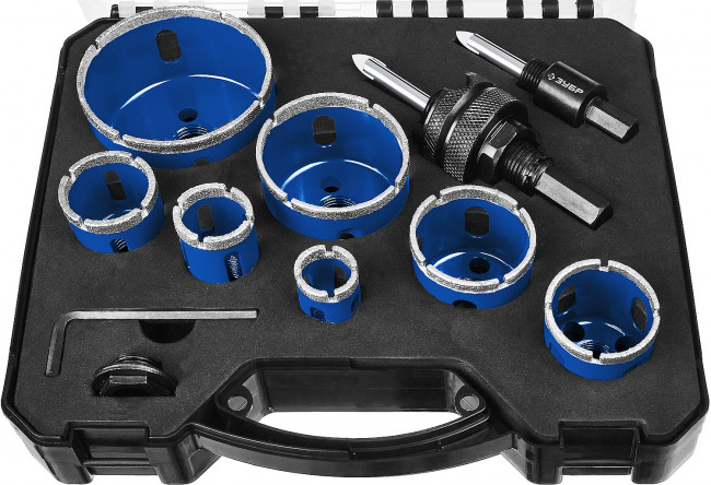 Набор коронок алмазных с оснасткой, D=20, 25, 32, 35, 40, 50, 68 мм, 7 предметов, ЗУБР Профессионал ( 29870-H7_z01 )