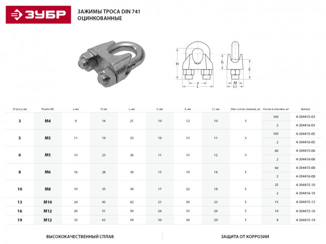 Зажим троса DIN 741, 19мм, 8 шт, оцинкованный, ЗУБР Профессионал,  ( 4-304415-19 )