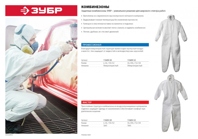 Комбинезон ЗУБР "МАСТЕР" защитный из материала SMS, 52-54 размер,  ( 11605-52 )