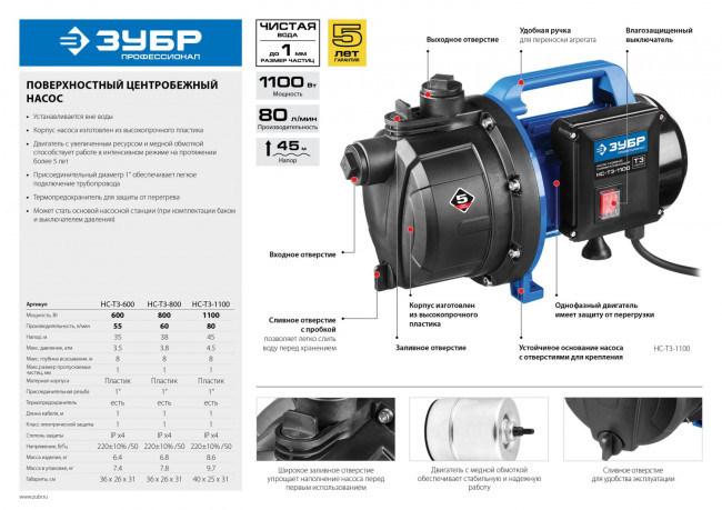 Насос ЗУБР "ПРОФЕССИОНАЛ" Т3 садовый поверхностный самовсасывающий, 1100Вт, пропускная способность 80л/мин, напор 45м, ( НС-Т3-1100 ) Насос ЗУБР "ПРОФЕССИОНАЛ" Т3 садовый поверхностный самовсасывающий, 1100Вт, пропускная способность 80л/мин, напор 45м, ( НС-Т3-1100 )