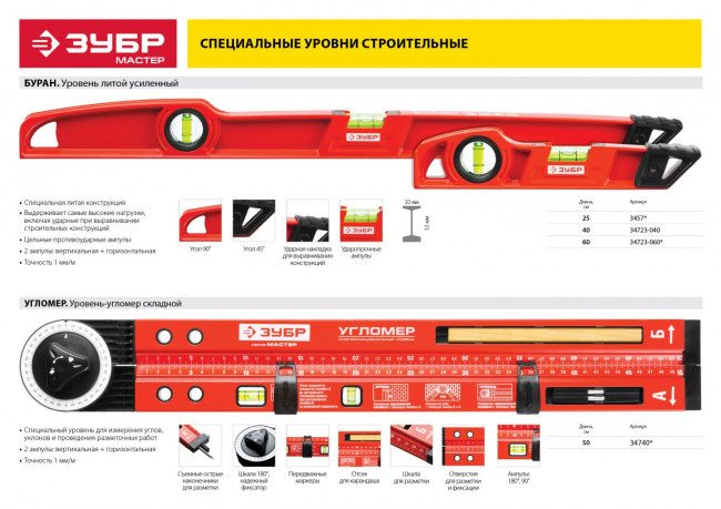 Уровень-угломер ЗУБР "МАСТЕР" складной, 2 ампулы (1 поворотная), точность 1мм/м, 500мм,  ( 34740 )