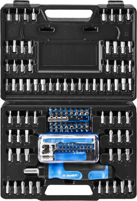 Набор ЗУБР "ЭКСПЕРТ": Отвертка реверсивная с магнитным битодержателем и отсеком для бит в рукоятке, Cr-V, 130 предметов,  ( 25237-H129 )