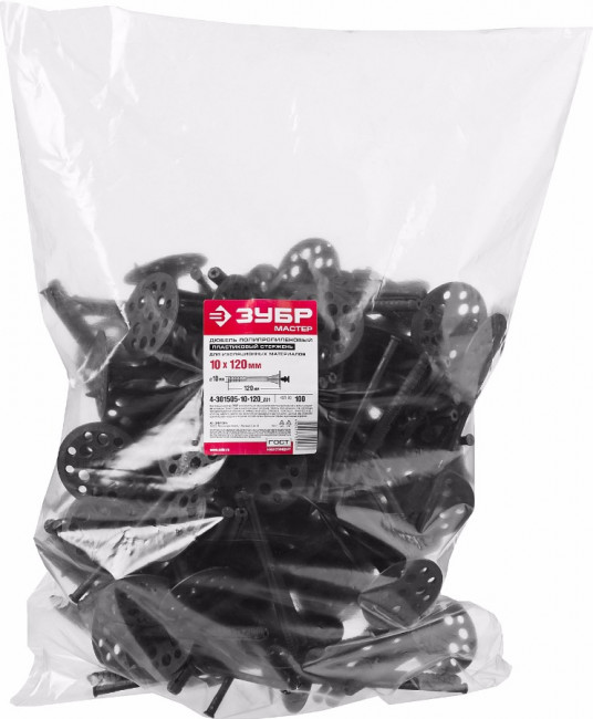 Дюбель для изоляционных материалов полипропиленовый, пластиковый стержень, 10 x 120 мм, 100 шт, ЗУБР,  ( 4-301505-10-120_z01 )