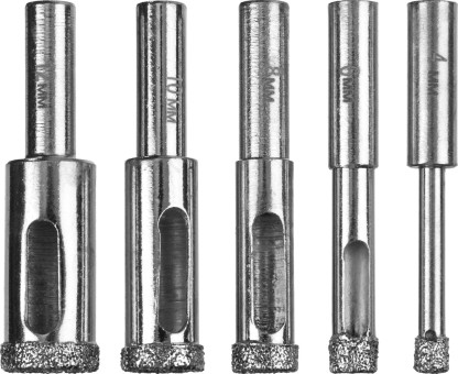 Набор сверл алмазных трубчатых по кафелю и стеклу с кондуктором, d=4, 6, 8, 10, 12 мм, 5 предметов, ЗУБР Профессионал 29851-H6,  ( 29851-H6 )
