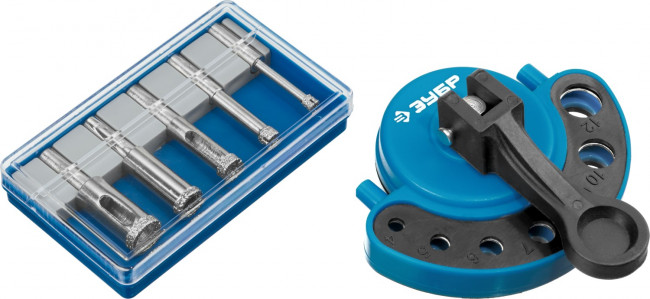 Набор сверл алмазных трубчатых по кафелю и стеклу с кондуктором, d=4, 6, 8, 10, 12 мм, 5 предметов, ЗУБР Профессионал 29851-H6,  ( 29851-H6 )