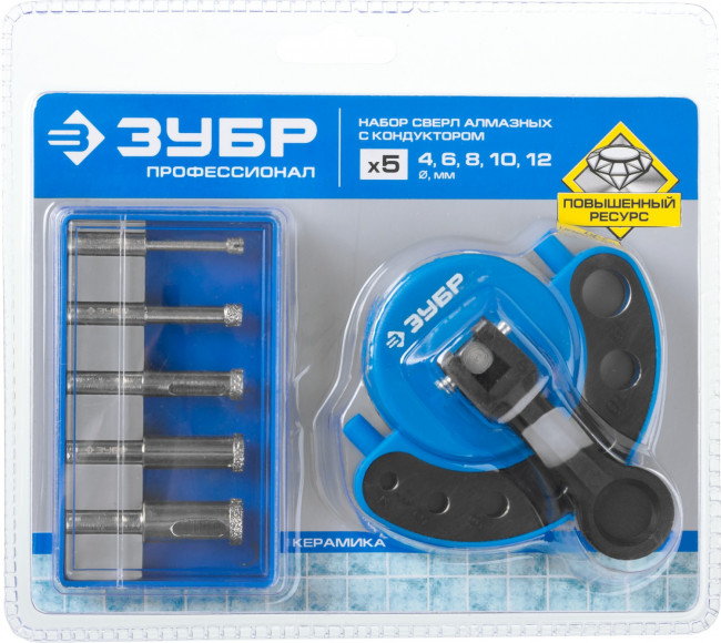 Набор сверл алмазных трубчатых по кафелю и стеклу с кондуктором, d=4, 6, 8, 10, 12 мм, 5 предметов, ЗУБР Профессионал 29851-H6,  ( 29851-H6 )