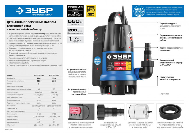 Насос Т7 АкваСенсор погружн, ЗУБР Профессионал НПГ-Т7-400, дренаж. для грязн воды(d частиц до 35мм),400Вт,датчик уровня,150л/мин,напор 5м,провод 10м,  ( НПГ-Т7-400 )