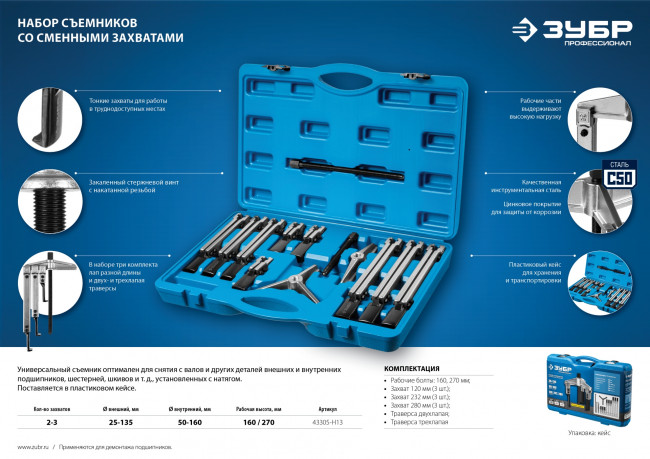 Набор съемников со сменными захватами, ЗУБР Профессионал,в кейсе, ( 43305-H13 )