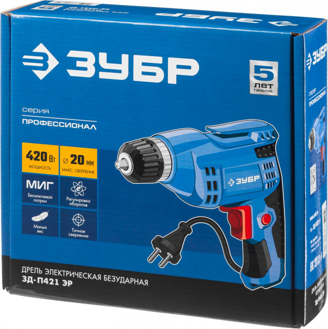 Дрель безударная, реверсивная, 420 Вт, 10 мм БЗП патрон, электронная регулировка скорости, 0-3000 об/мин, ЗУБР Профессионал,  ( ЗД-П421 ЭР )