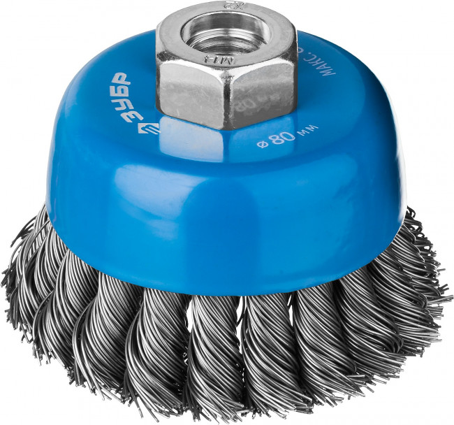 ЗУБР "ПРОФЕССИОНАЛ". Щетка чашечная для УШМ, плетеные пучки стальной проволоки 0,5мм, 80ммхМ14,  ( 35275-080_z02 )