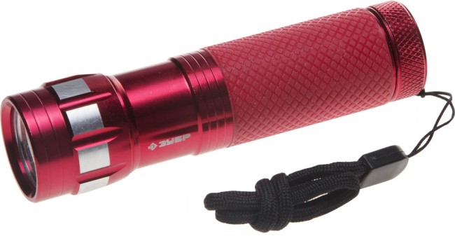 Фонарь ЗУБР "МАСТЕР" ручной, алюминиевый двукомпонентный корпус, 9 светодиодов, 3ААА, красный,  ( 56211-R )