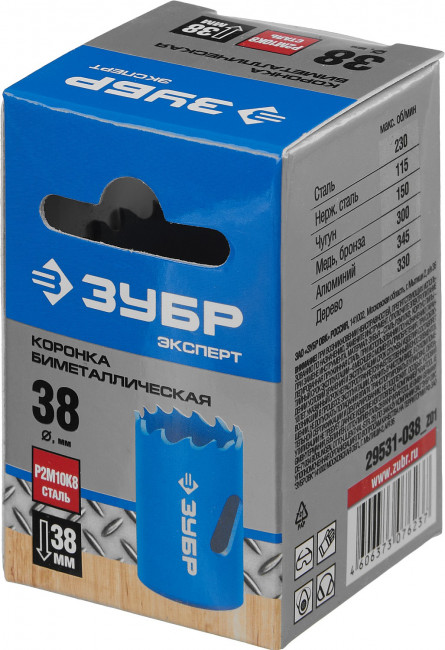 Коронка биметаллическая, быстрорежущая сталь, глубина сверления до 38мм, d-38мм, ЗУБР,  ( 29531-038_z01 )