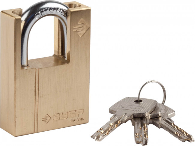 Замок ЗУБР "ЭКСПЕРТ" навесной, латунный корпус, закаленная дужка, с дополнительной защитой, 50мм,  ( 37297-50 )