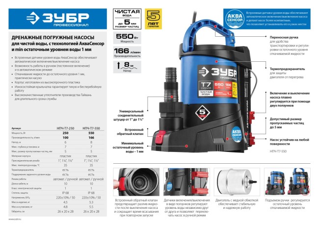 Насос Т7 АкваСенсор погружной, ЗУБР Профессионал НПЧ-Т7-250, дренажный для чистой воды, 250 Вт, мин. уровень 1 мм, 100 л/мин, напор 6 м, провод 10 м,  ( НПЧ-Т7-250 )