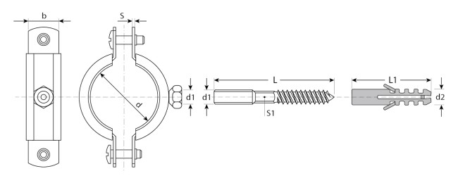 Хомут трубный с гайкой, оцинкованный, в комплекте с сантехнической шпилькой и дюбелем, 1/2", 1шт, ЗУБР,  ( 37866-20-24 )