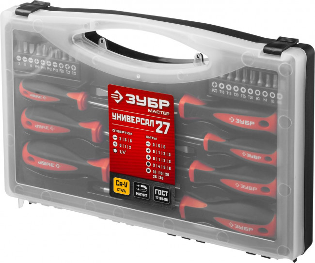 Набор "Универсал 27": Отвертки с битами, ЗУБР Мастер, Cr-V сталь, эргономичная двухкомп. рукоятка, магнитный наконечник, в кейсе, 27 предметов, ( 25027 ) Набор "Универсал 27": Отвертки с битами, ЗУБР Мастер, Cr-V сталь, эргономичная двухкомп. рукоятка, магнитный наконечник, в кейсе, 27 предметов, ( 25027 )