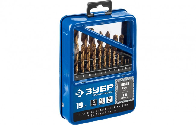 ЗУБР ТИТАН 19шт(1-10мм), Набор сверл по металлу, сталь Р6М5, класс А , титиновое покрытие, мет.бокс