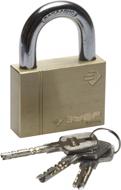 Замок ЗУБР "ЭКСПЕРТ" навесной, латунный корпус, классическая форма, закаленная дужка, 60мм,  ( 37299-60 )