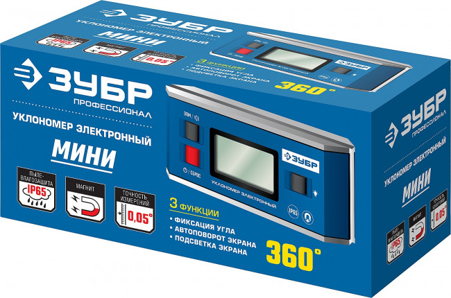МИНИ уровень-уклономер электронный, IP65, Магнитный, Диапазон 0-90°, Точность ±0,05°, 3 кнопки, HOLD, Подсветка, Автоповорот, ЗУБР Профессионал ( 34745_z01 )
