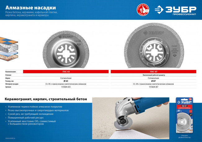 Пильная насадка c алмазным напылением, сегментная, диаметр 87 мм, ЗУБР Профессионал, ПАС-87 ( 15564-87 )