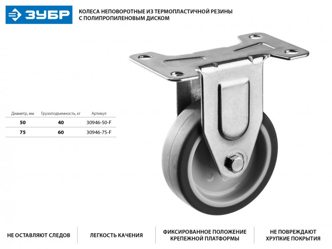 Колесо неповоротное d=50 мм, г/п 40 кг, термопластич. резина/полипропилен, ЗУБР Профессионал,  ( 30946-50-F )