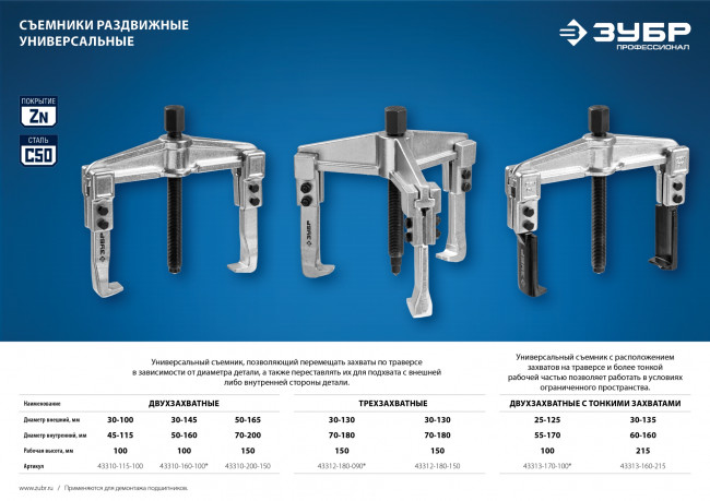 Съемник раздвижной 3-захватный, 150 мм, ЗУБР Профессионал, (  43312-180-150 )