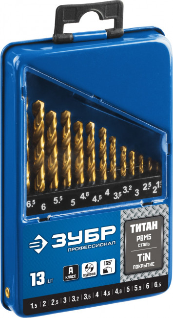 Набор сверл по металлу 13 шт (d=1,5-6,5 мм), ТИТАН, сталь Р6М5, класс А, ЗУБР Профессионал 29615-H13 ( 29615-H13_z01 )